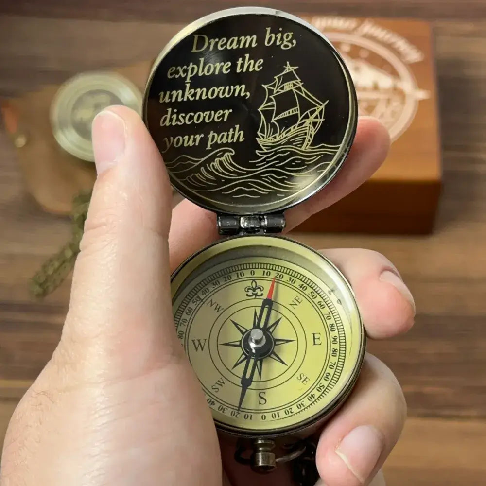 Graduation Gift Engraved Compass with Inspirational Quote – "Dream Big, Explore Unknown", Personalized Traveler Gift for Son, Him, Nautical Keepsake
