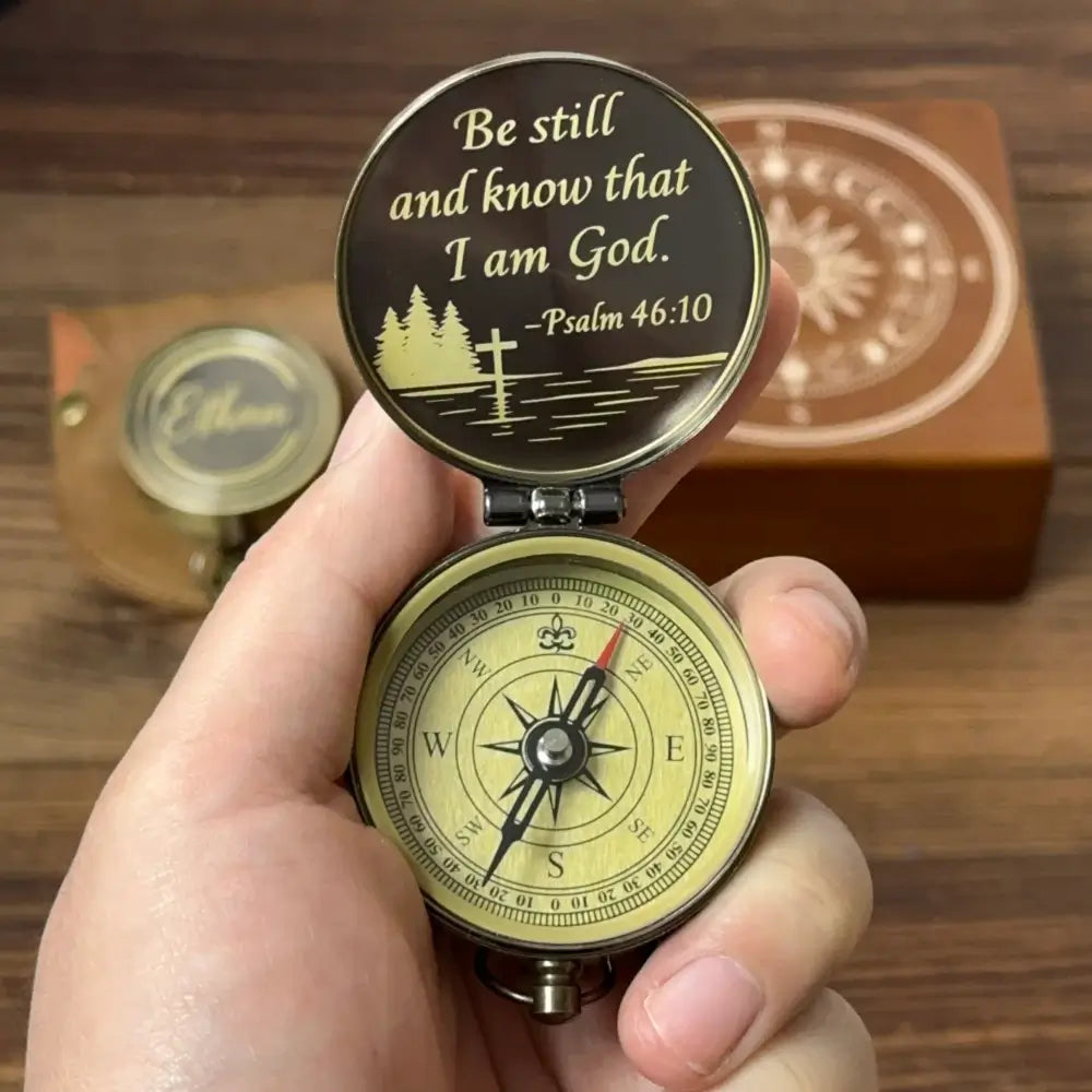 Christian Gift Personalized Compass with Bible Verse Psalm 46:10 – Cross Design "Be Still and Know", Engraved Faith Keepsake