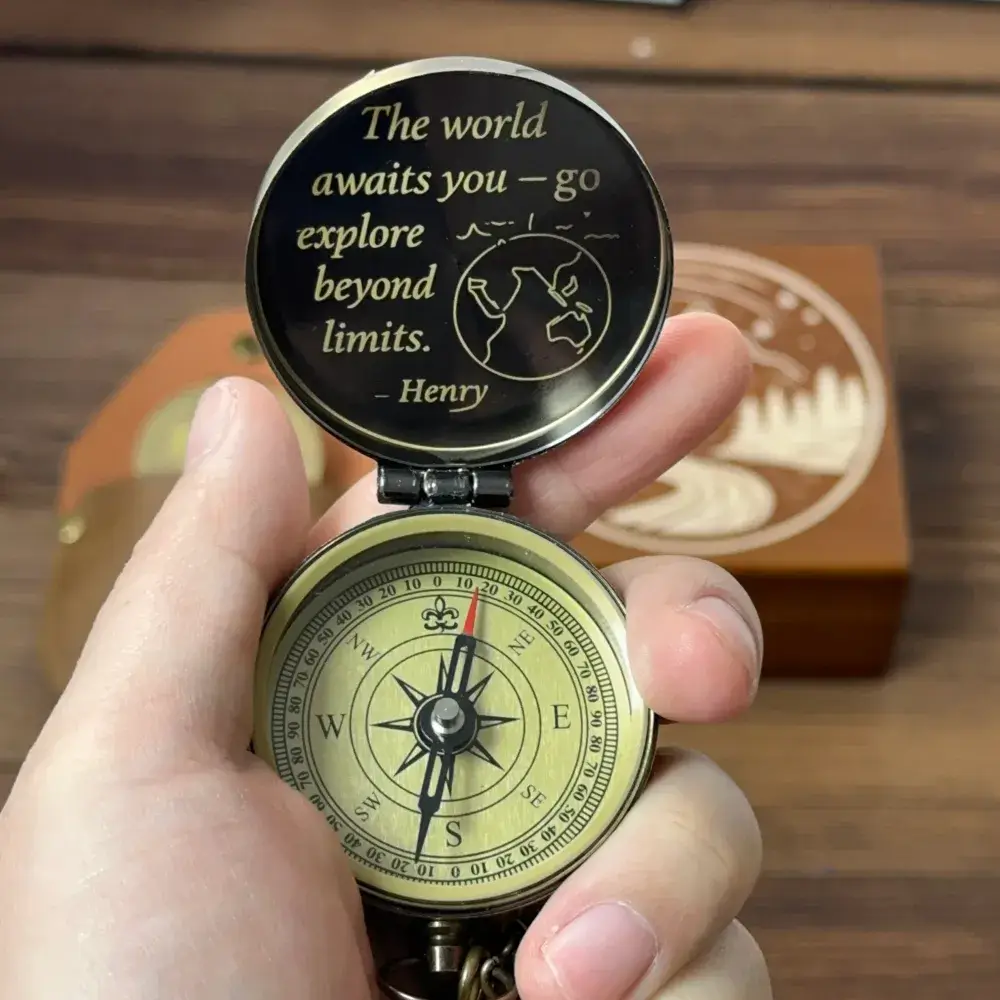 Graduation Gift Engraved Brass Compass with Inspirational Quote – "The World Awaits You", Personalized Traveler Gift for Son, Him, Adventure Keepsake
