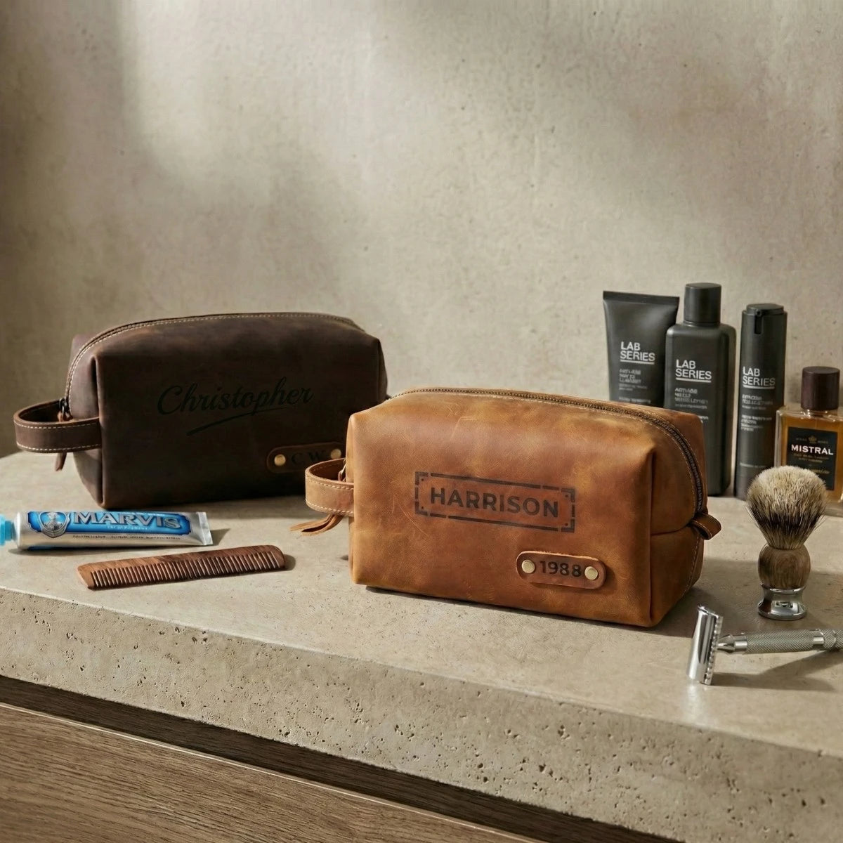 Personalized Toiletry Bag for Men – Genuine Leather Monogrammed Dopp Kit – Custom Travel Organizer & Gift for Him