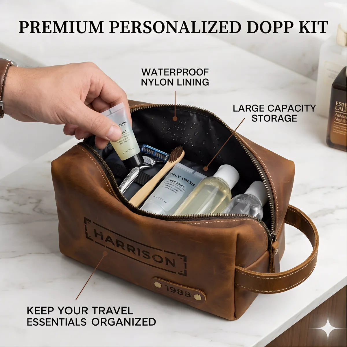 Personalized Toiletry Bag for Men – Genuine Leather Monogrammed Dopp Kit – Custom Travel Organizer & Gift for Him
