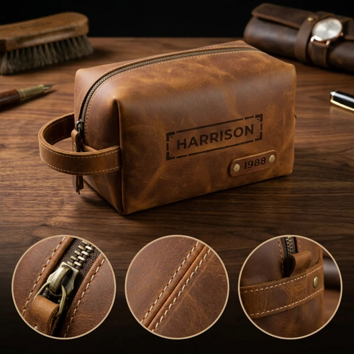 Personalized Toiletry Bag for Men – Genuine Leather Monogrammed Dopp Kit – Custom Travel Organizer & Gift for Him