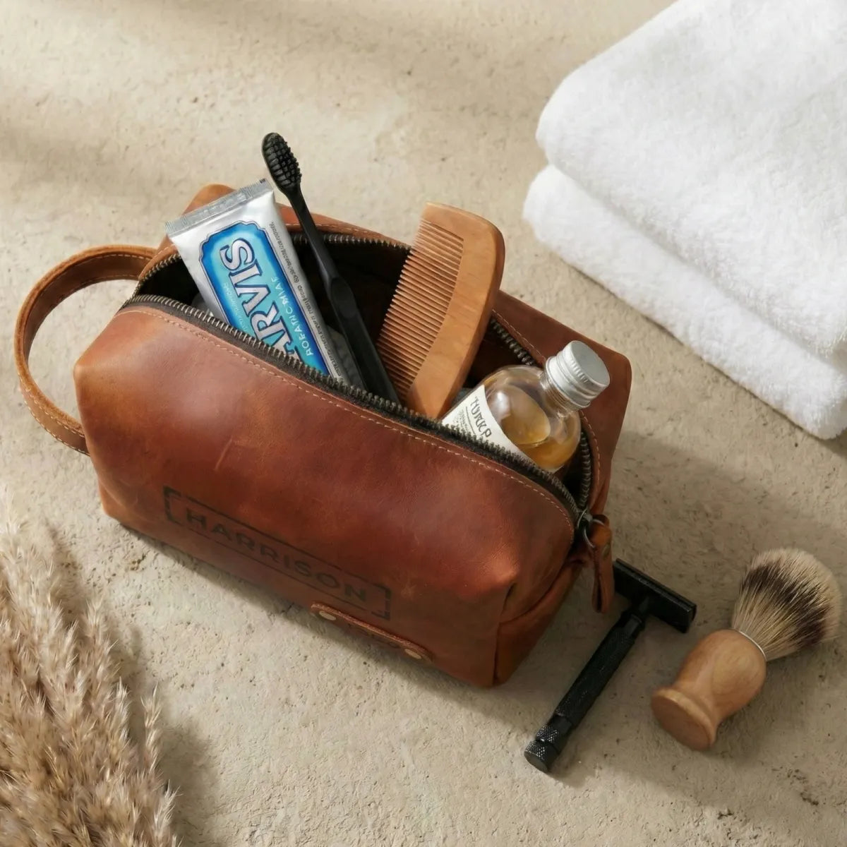 Personalized Toiletry Bag for Men – Genuine Leather Monogrammed Dopp Kit – Custom Travel Organizer & Gift for Him