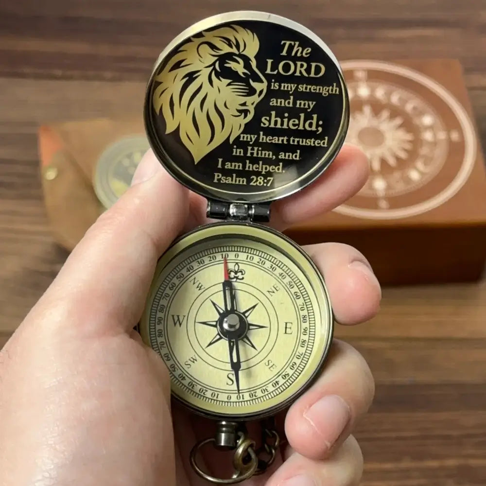 Christian Gift Engraved Compass with Bible Verse Psalm 28:7 – Lion Design "The LORD is my strength", Personalized Keepsake for Men, Son
