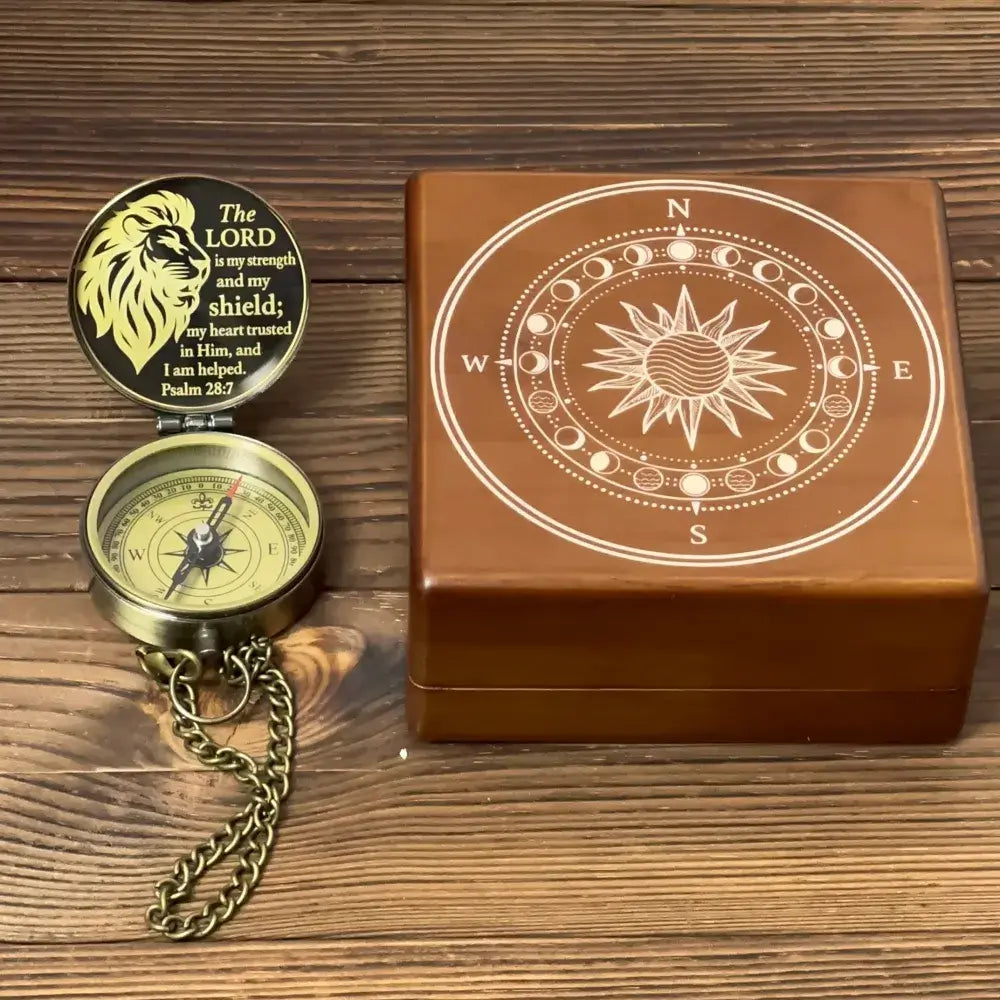 Christian Gift Engraved Compass with Bible Verse Psalm 28:7 – Lion Design "The LORD is my strength", Personalized Keepsake for Men, Son