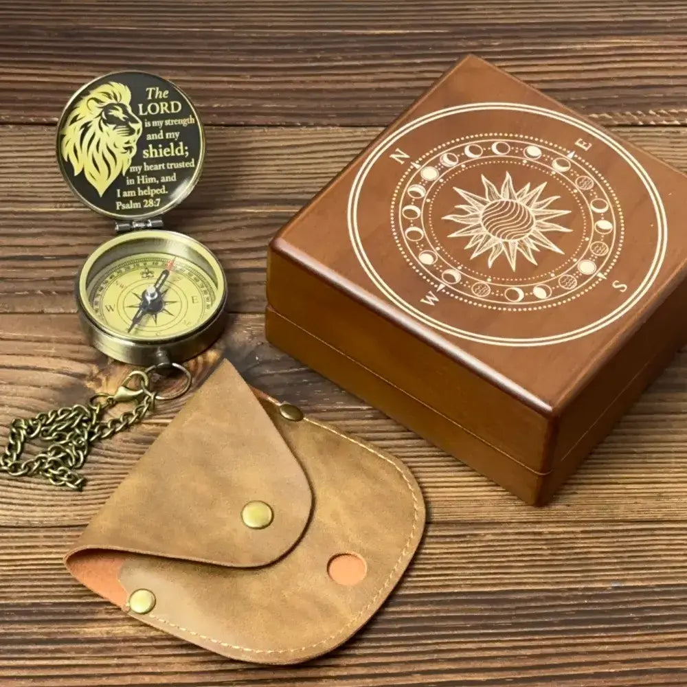 Christian Gift Engraved Compass with Bible Verse Psalm 28:7 – Lion Design "The LORD is my strength", Personalized Keepsake for Men, Son