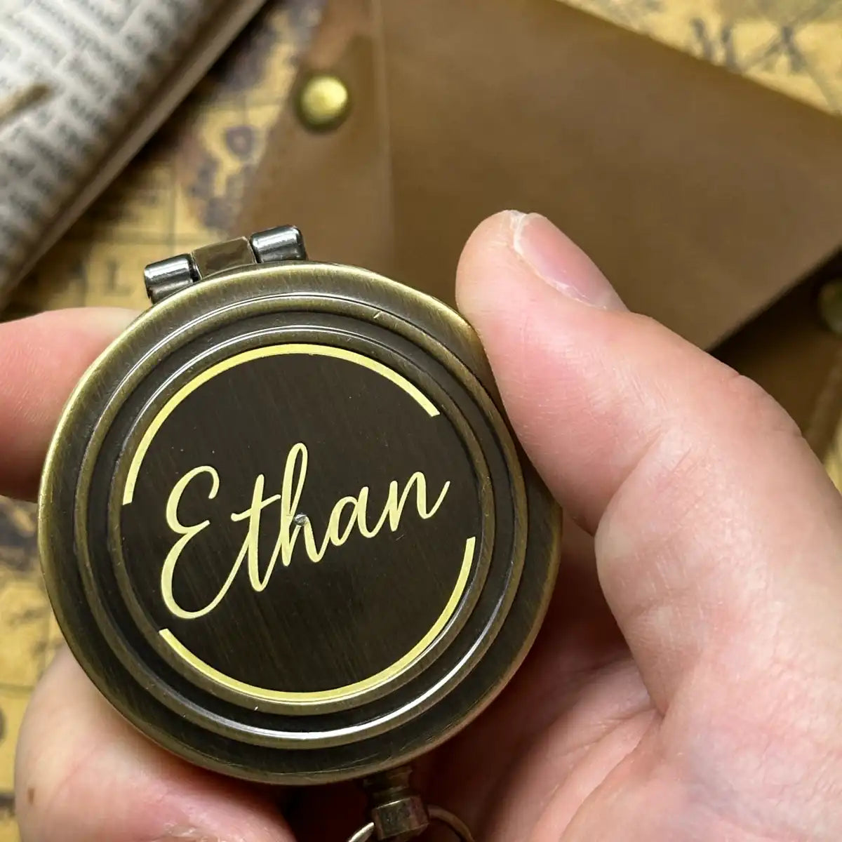 Viking Compass Engraved "Vegvisir" | Norse Mythology Gift for Him, Dad | Personalized Rune Compass | Custom Handwriting | Brass Working Compass