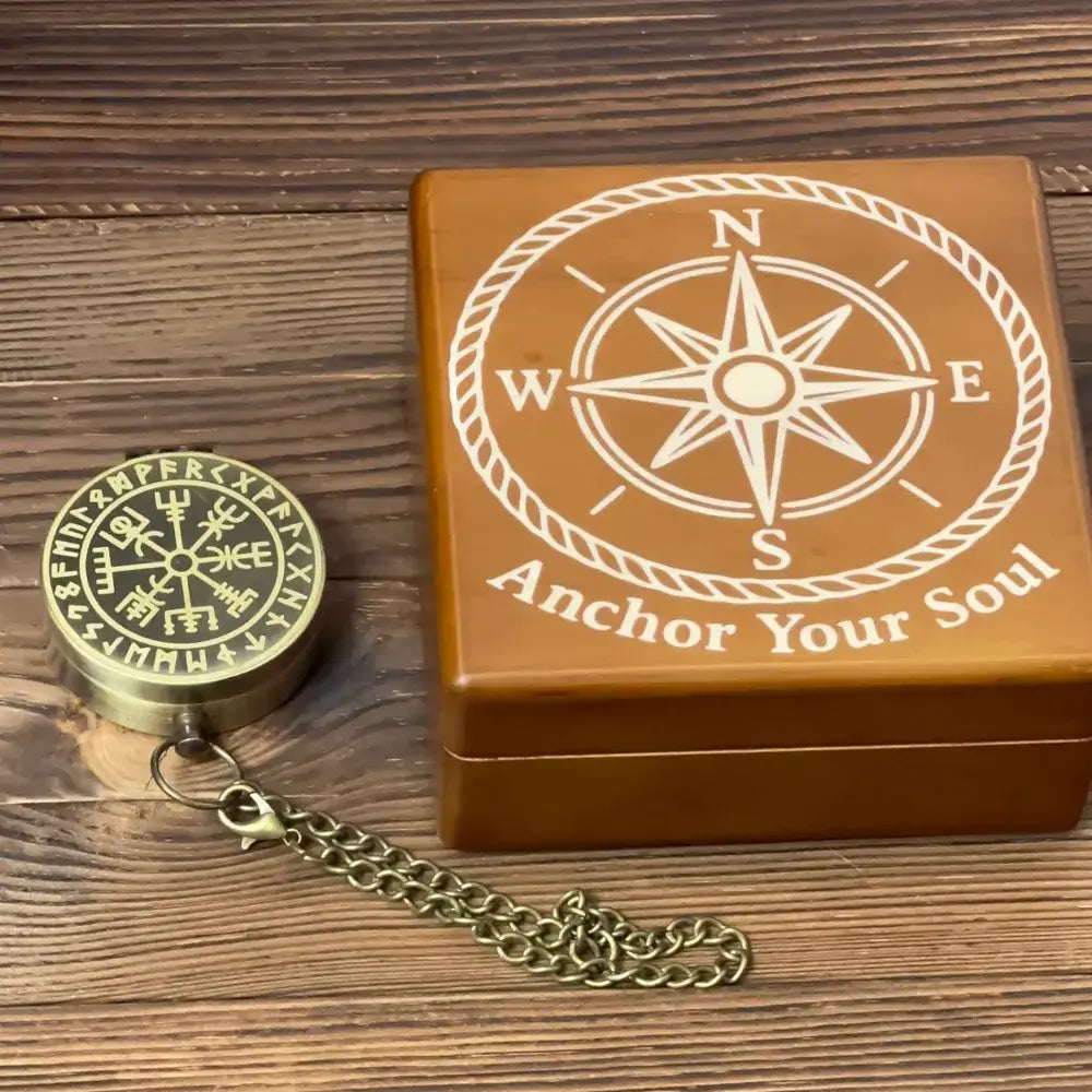 Personalized Viking Brass Compass Engraved with Vegvisir Rune – Norse Mythology Gift for Him, Dad, Custom Handwriting Keepsake