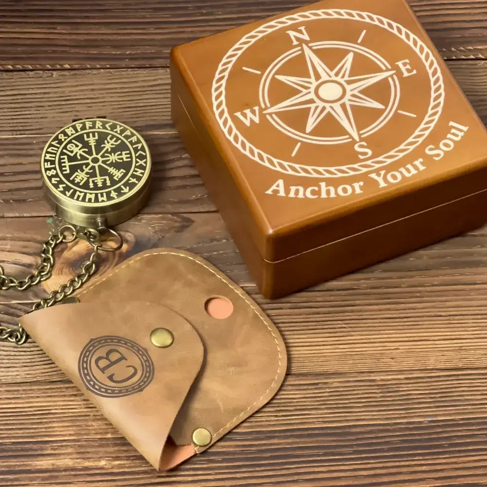Personalized Viking Brass Compass Engraved with Vegvisir Rune – Norse Mythology Gift for Him, Dad, Custom Handwriting Keepsake