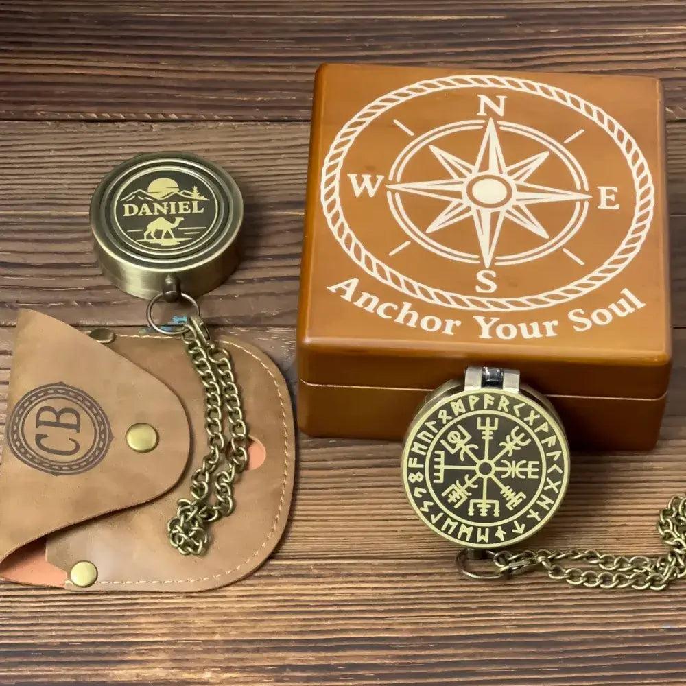Personalized Viking Brass Compass Engraved with Vegvisir Rune – Norse Mythology Gift for Him, Dad, Custom Handwriting Keepsake