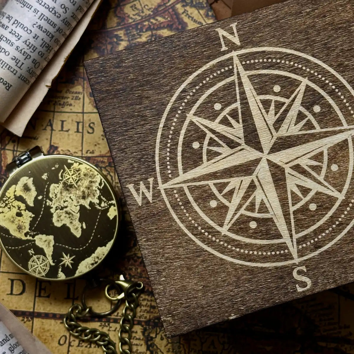 Vintage Map Engraved Compass | Graduation Gift for Son, Him | Traveler Gift | Personalized Retirement Gift | Custom Quote | Brass Working Compass