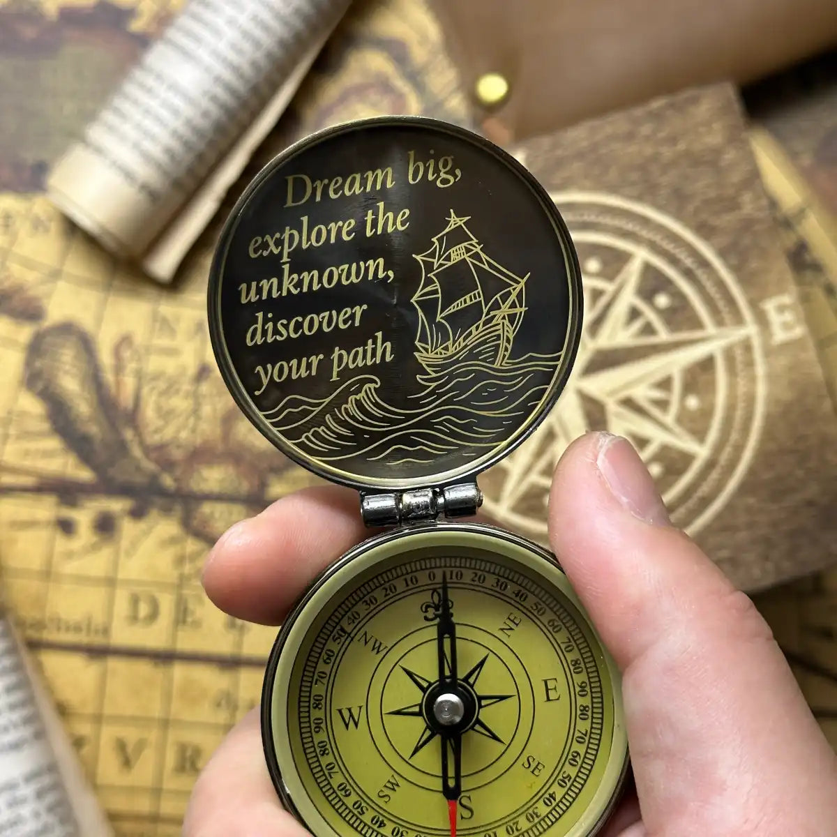 Vintage Map Engraved Compass | Graduation Gift for Son, Him | Traveler Gift | Personalized Retirement Gift | Custom Quote | Brass Working Compass