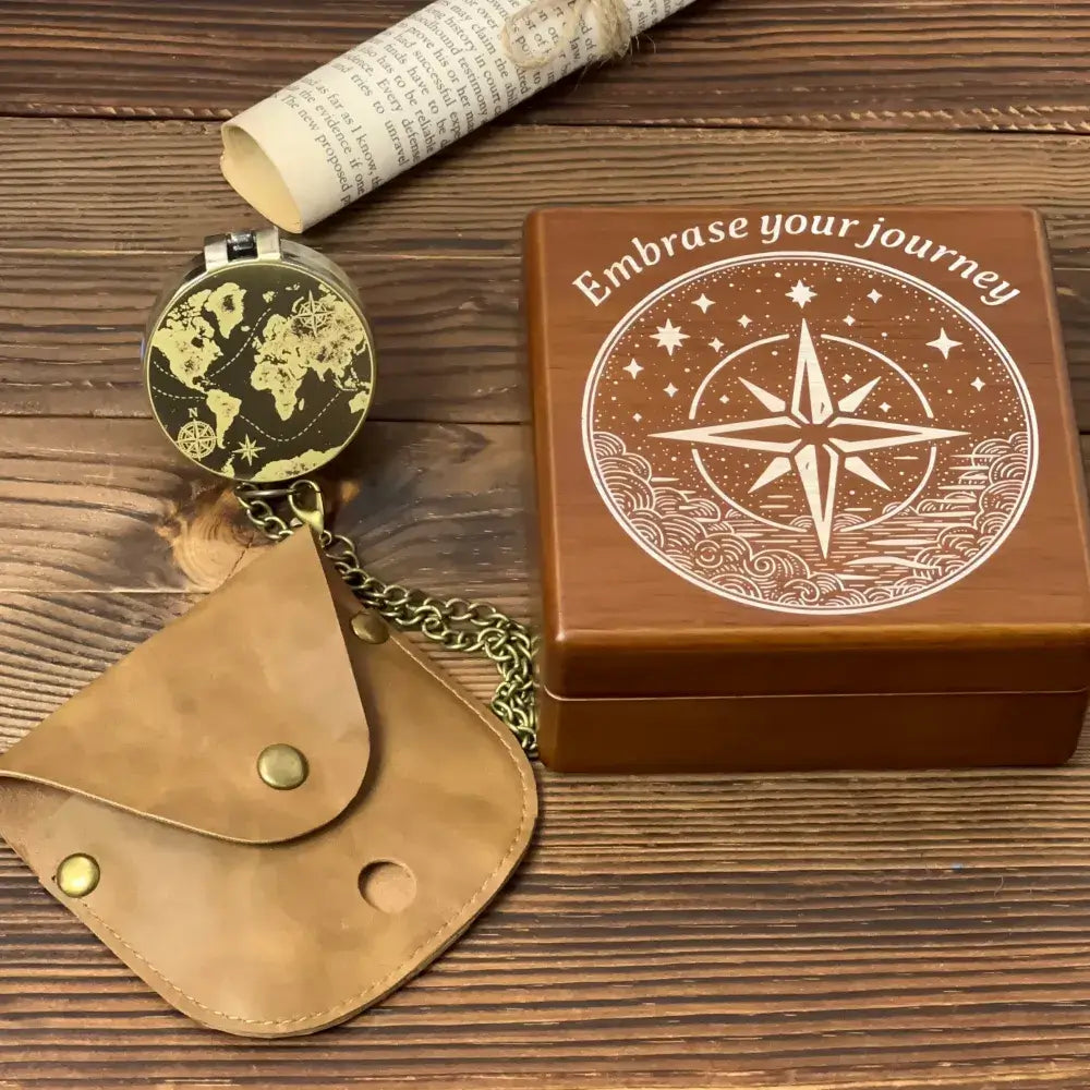 Engraved Traveler Brass Compass with Vintage World Map – Personalized Graduation or Retirement Gift for Son, Him, Custom Quote Working Keepsake