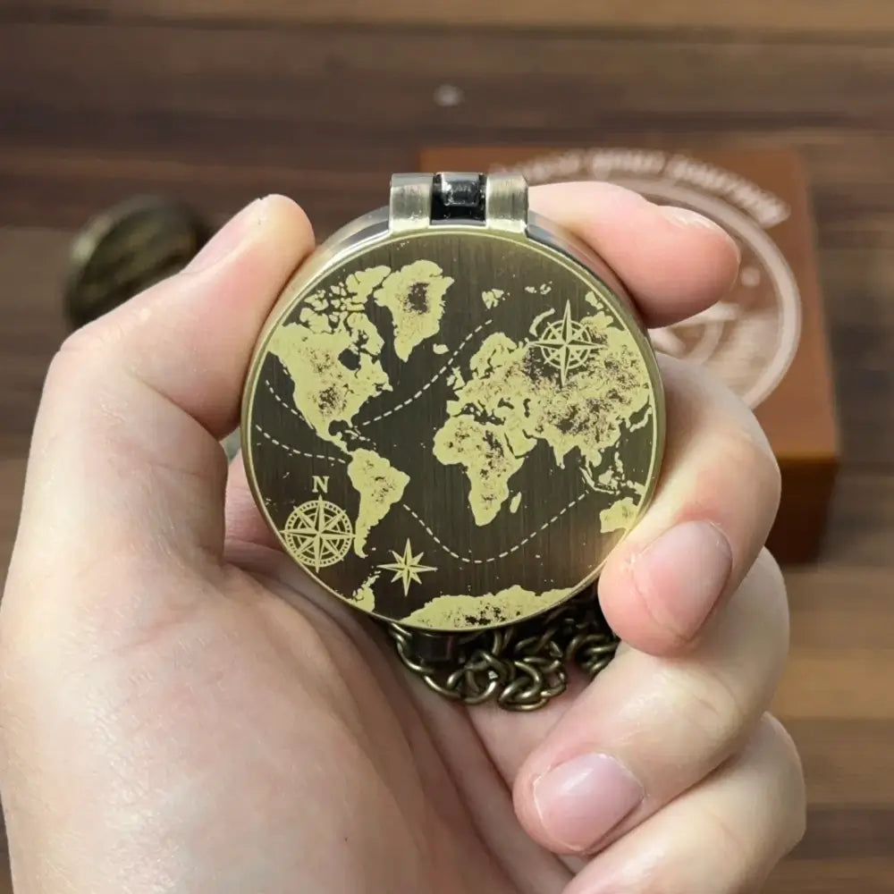 Engraved Traveler Brass Compass with Vintage World Map – Personalized Graduation or Retirement Gift for Son, Him, Custom Quote Working Keepsake