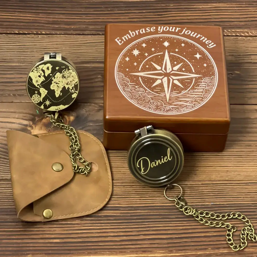 Engraved Traveler Brass Compass with Vintage World Map – Personalized Graduation or Retirement Gift for Son, Him, Custom Quote Working Keepsake