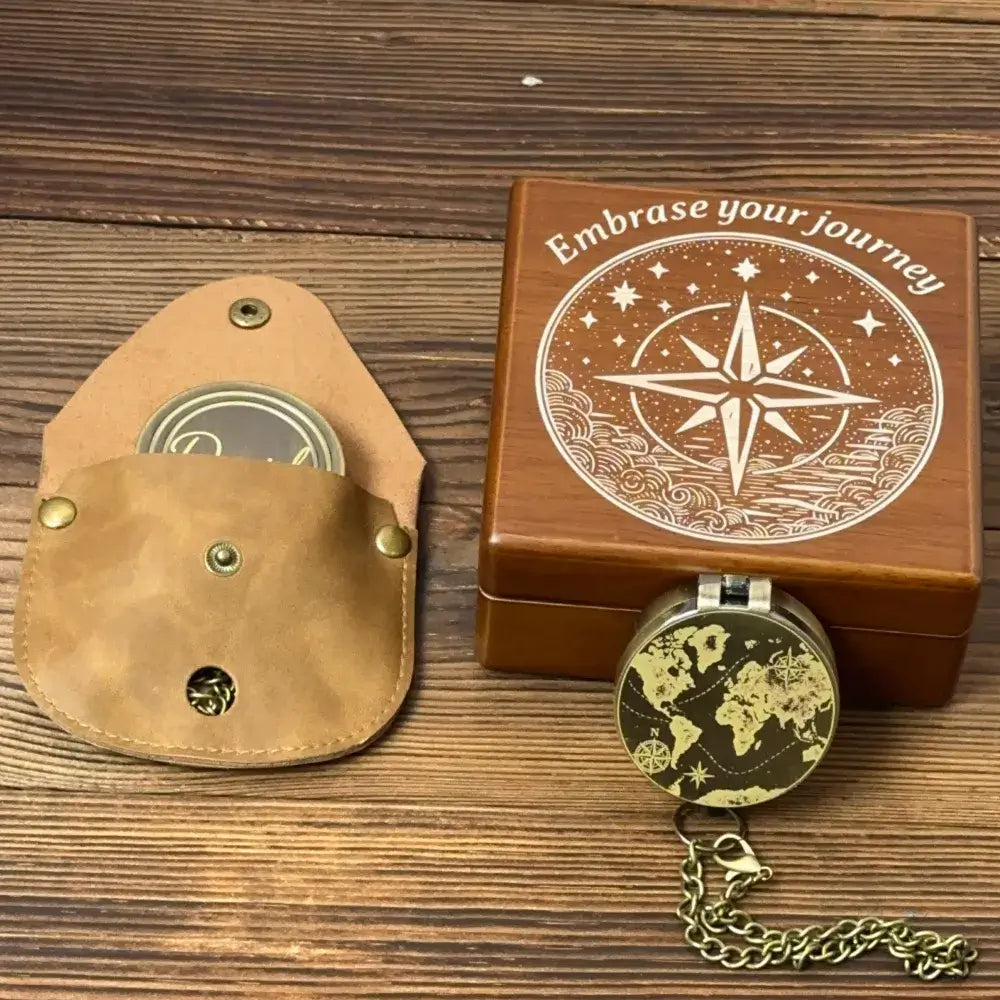 Engraved Traveler Brass Compass with Vintage World Map – Personalized Graduation or Retirement Gift for Son, Him, Custom Quote Working Keepsake