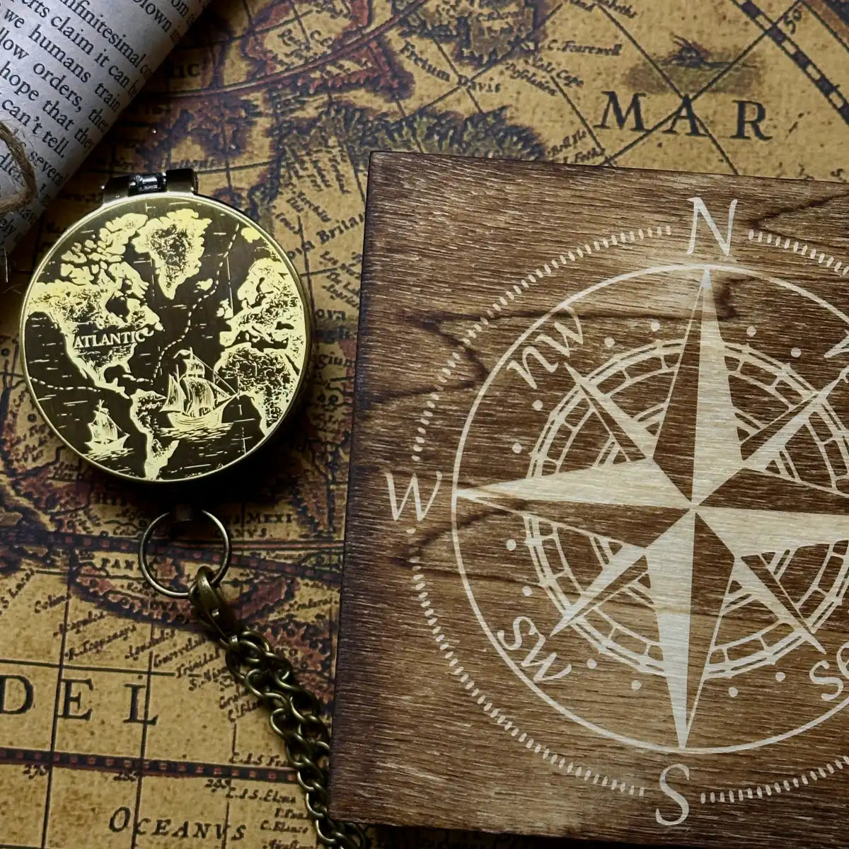 Vintage World Map Engraved Compass | Nautical Ship Gift for Him, Dad | Personalized Retirement Gift | Old World | Brass Working Compass