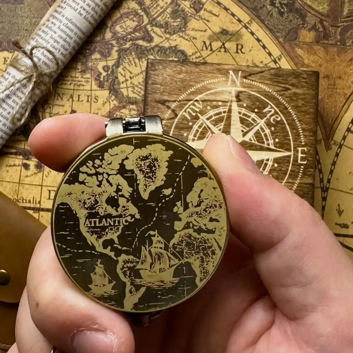 Vintage World Map Engraved Compass | Nautical Ship Gift for Him, Dad | Personalized Retirement Gift | Old World | Brass Working Compass