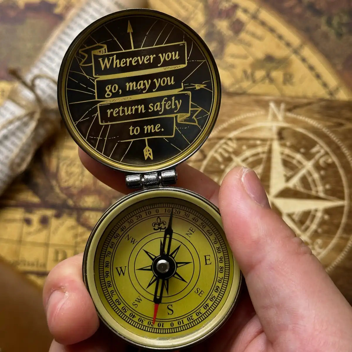 Vintage World Map Engraved Compass | Nautical Ship Gift for Him, Dad | Personalized Retirement Gift | Old World | Brass Working Compass