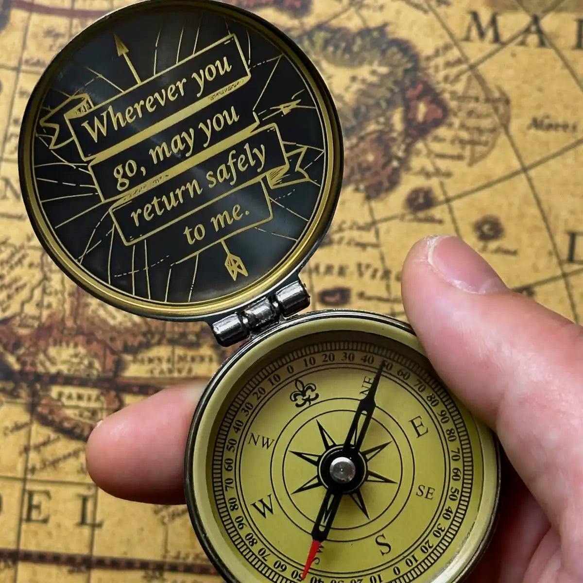 Vintage World Map Engraved Compass | Nautical Ship Gift for Him, Dad | Personalized Retirement Gift | Old World | Brass Working Compass