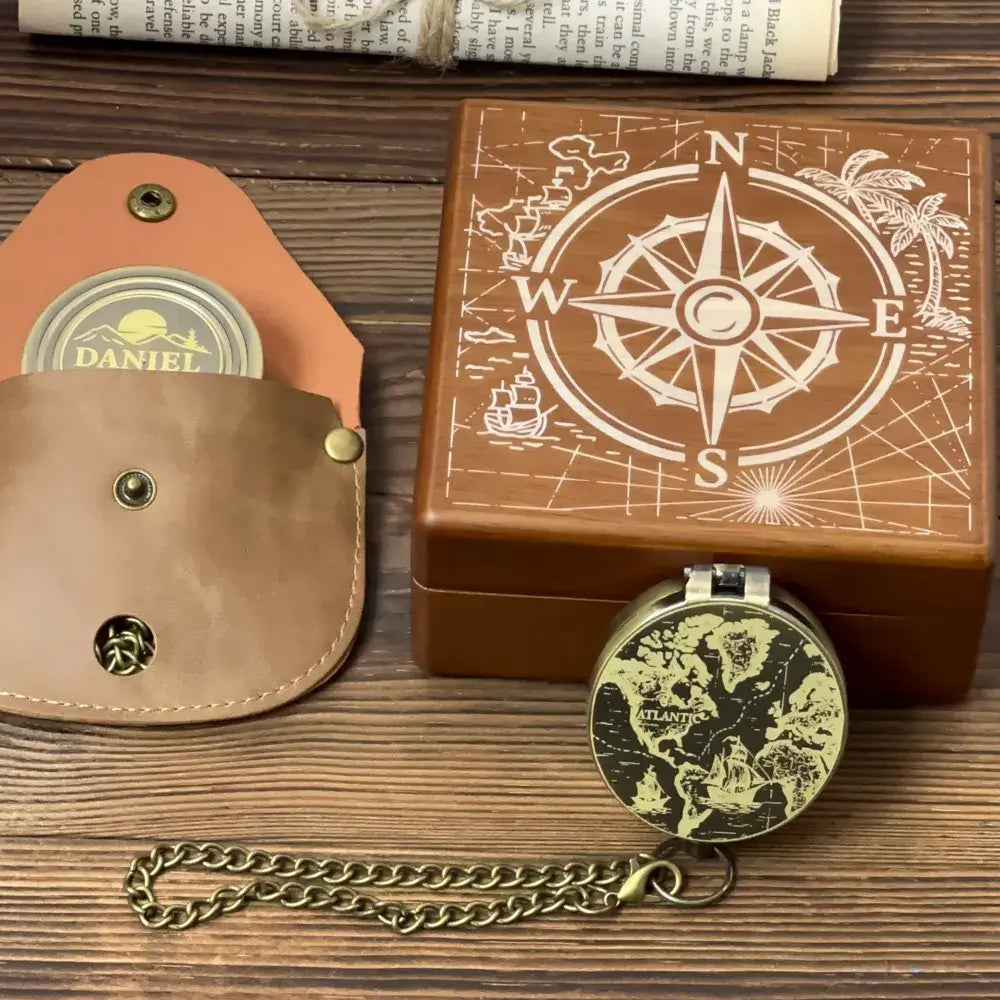 Personalized Retirement Gift Brass Compass with Vintage World Map – Engraved Nautical Ship Design, Father's Day Gift for Dad, Old World Keepsake