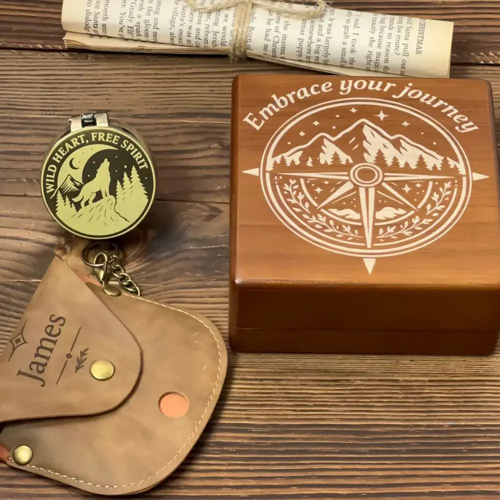 Personalized Hiking Brass Compass with Wolf Design – Engraved "Wild Heart, Free Spirit", Mountain Adventurer Gift for Him, Custom Handwriting  Keepsake