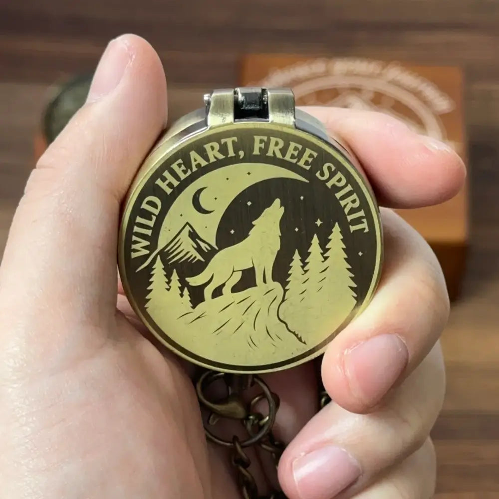 Personalized Hiking Brass Compass with Wolf Design – Engraved "Wild Heart, Free Spirit", Mountain Adventurer Gift for Him, Custom Handwriting  Keepsake