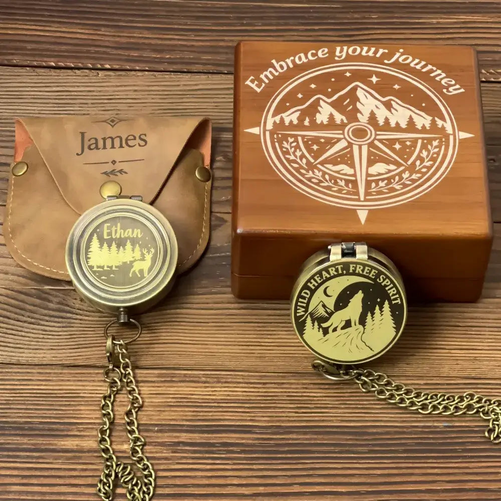 Personalized Hiking Brass Compass with Wolf Design – Engraved "Wild Heart, Free Spirit", Mountain Adventurer Gift for Him, Custom Handwriting  Keepsake