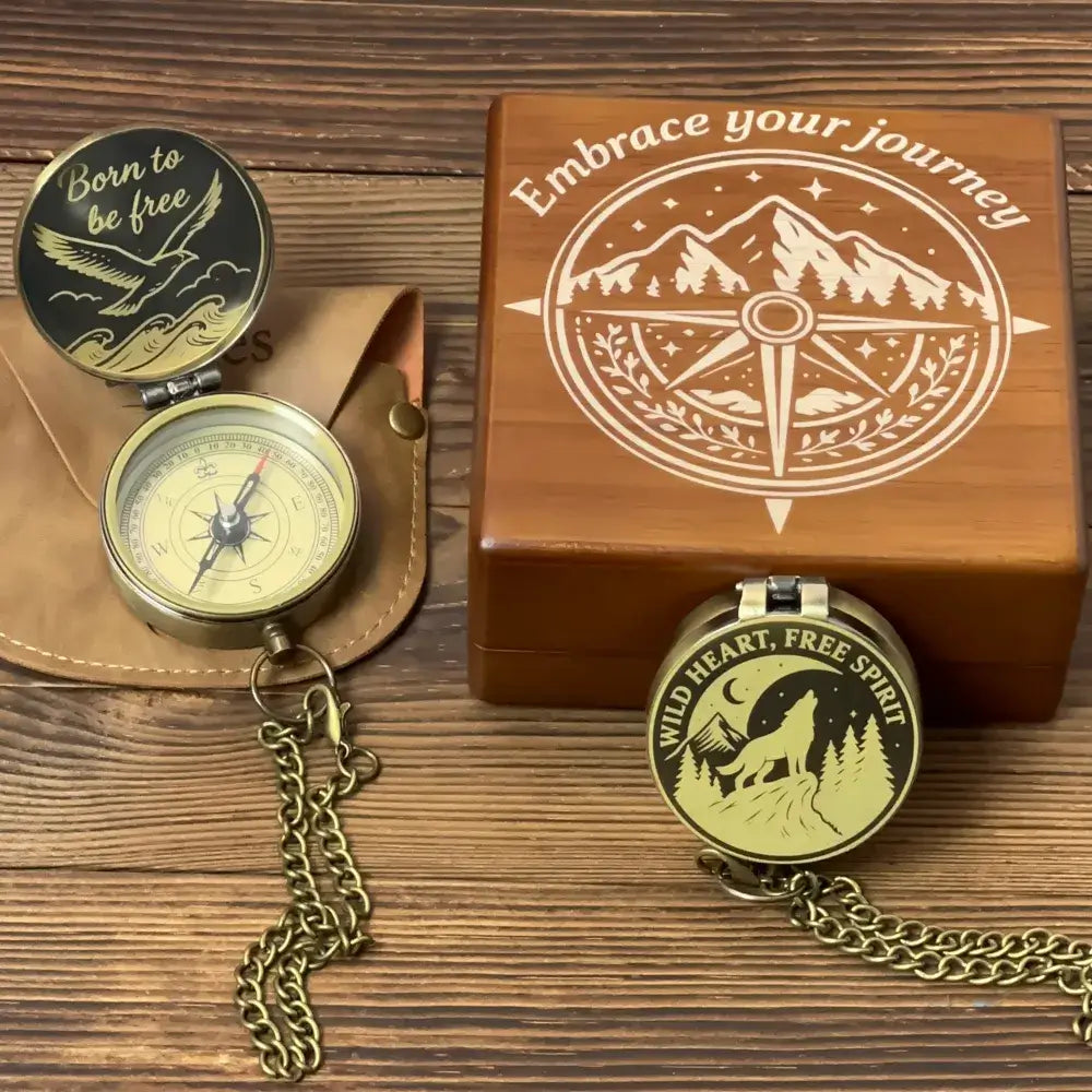 Personalized Hiking Brass Compass with Wolf Design – Engraved "Wild Heart, Free Spirit", Mountain Adventurer Gift for Him, Custom Handwriting  Keepsake